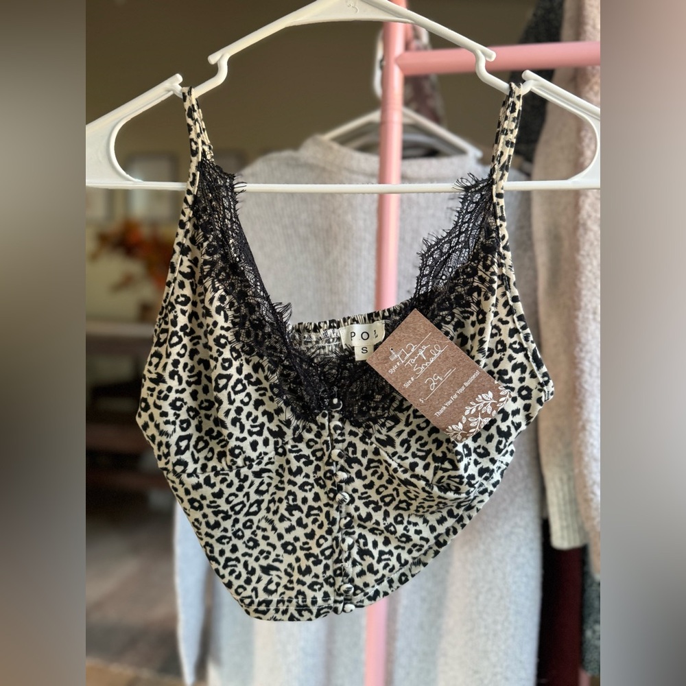 POL Leopard Print Cami with Black Lace
